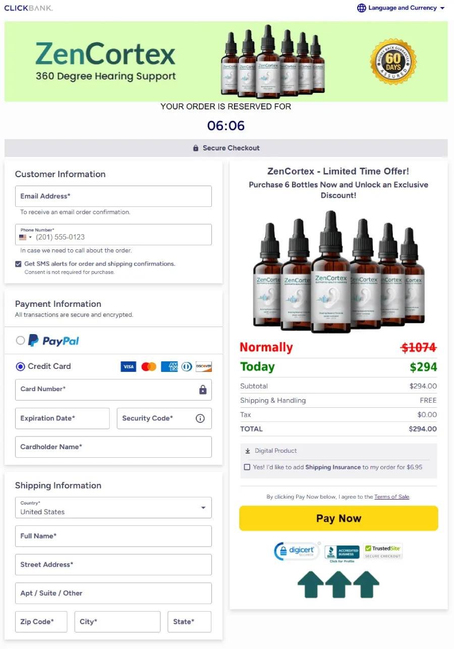 Badge highlighting ZenCortex hearing support drops secure checkout and risk-free transaction